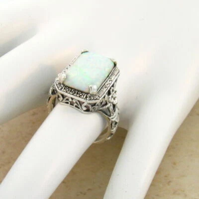 ANILLO ESTILO ANTIGUO ÓPALO CREADO EN LABORATORIO PLATA ESTERLINA 925 ESTILO ART NOUVEAU 764Z Foto 1 de 2