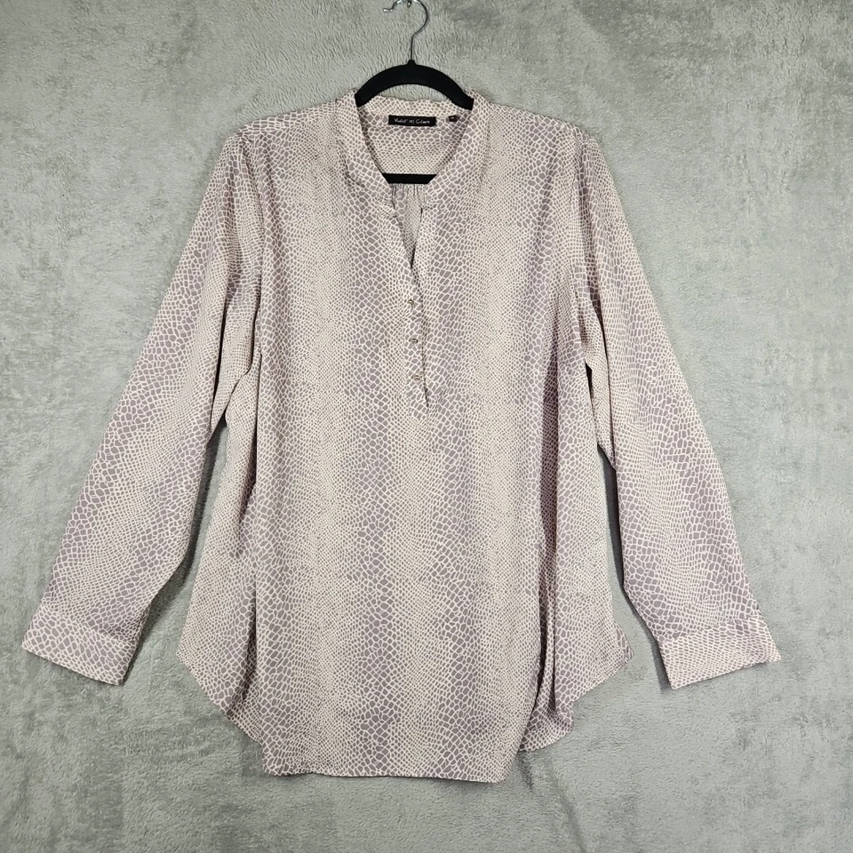 Violet Claire Women Sheer Blouse Long Sleeve Snakeprint Print Violet Ivory Sz 1X - Image 1 of 4