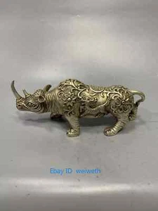 10" Chinese Tibetan Silver Kylin Unicorn Flower Rhino Rhinoceros Statue - Picture 1 of 8