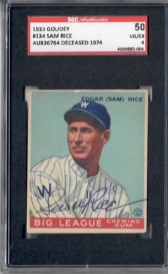 Auténtico Goudey #134 1933 SGC 4 Edgar (Sam) Rice firmado en muy buen estado/ex fallecido 1974 Salón de la fama Foto 1 de 2