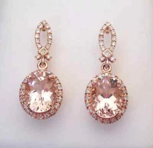 3Ct Oval Lab Created Morganite Halo Drop Dangle Earrings 14K Rose Gold Plated - Picture 1 of 4