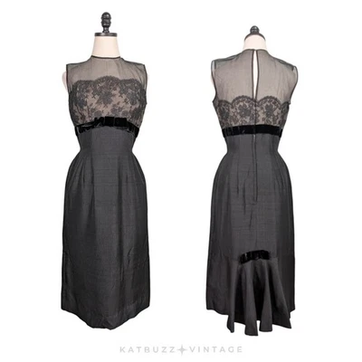 Vestido de Cóctel Midi Vintage Años 40 50 6 Negro Terciopelo Encaje Glam Bow Clásico Audrey Foto 1 de 4