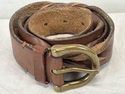 Cinturón de cuero marrón de colección talla 36”-40” secciones trenzadas hebilla de latón Foto 1 de 4