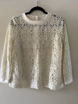 Banana Republic Women's Top Size M Ivory Lace Mesh Button Back Long Sleeve Sheer - Image 1 of 4