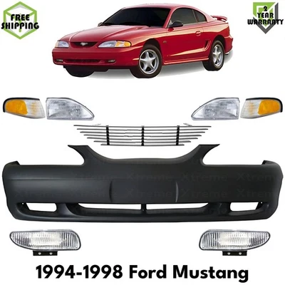 Front Bumper Cover Primed Plastic & Headlights Kit For 1994-1998 Ford Mustang Foto 1 de 4