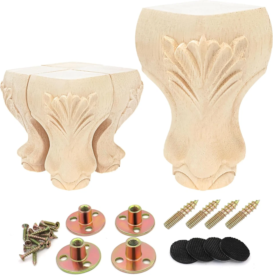 4 piezas patas de muebles de madera maciza sin terminar estilo europeo talla tarifa de reemplazo Foto 1 de 4