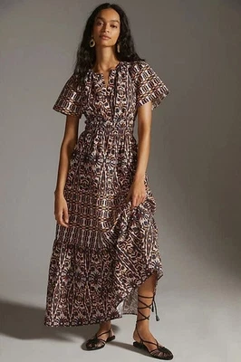 Anthropologie Maeve Somerset Maxi in Orange Navy Print Cotton Dress - Small  - Image 1 of 4