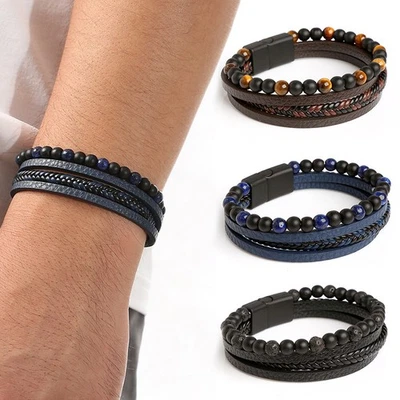 Herren Leder geflochten Perlen Armband Armband Tiger Augen Armband Geschenk - Bild 1 von 4