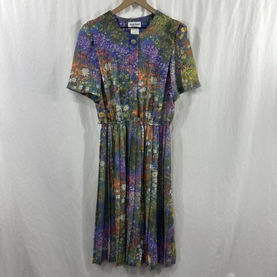 Lady Carol Petites Artsy Floral Pleated Vintage Midi Dress Womens Size 16 - Image 1 of 4