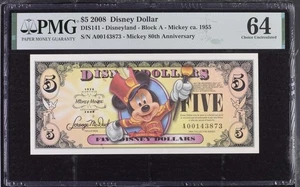 2008 $5 Disney Dollar - Disneyland, Block A, Mickey ca. 1955 - PMG Graded 64 - Picture 1 of 2