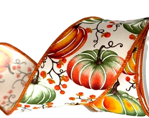 Moosgrüne Kürbisse bittersüß 2,5" mal 2 Yards Elfenbein Drahtband Herbst - Bild 1 von 2