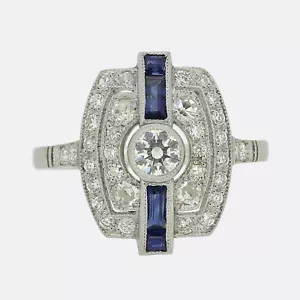 Art Deco Style Sapphire and Diamond Ring - Platinum - Picture 1 of 4