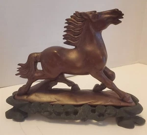 Vintage Chinese Horse Stone Figurine Wood Base - Picture 1 of 8
