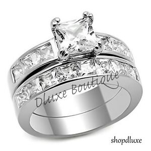 3.75 Ct Princess Cut AAA CZ Stainless Steel Wedding Ring Set Women's Size 5-10