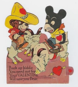 c1940 Biglietto di auguri meccanico vintage San Valentino, cowboy e animali - Foto 1 di 3