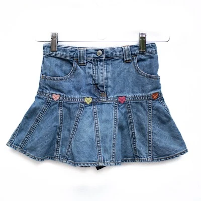 Gymboree Girls 7 Denim Mini Skirt Blue Embroidered Hearts Lined Shorts Built-in - Image 1 of 4