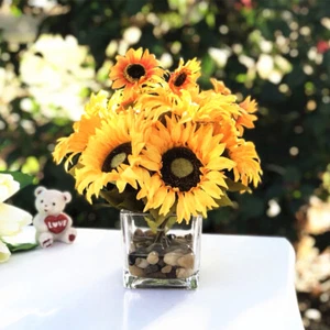 Enova Home Mixed Sunflower in Cube Glass Vase With River Rock and Faux Water - Picture 1 of 3