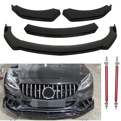 Bumper Lip Spoiler Splitter Body Kit + Strut Rods Glossy Black For Mercedes Benz - Image 1 of 4