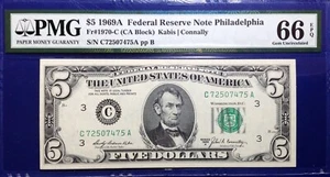 1969A $5 Federal Reserve Note Fr-1970-C Philadelphia PMG66 Gem EPQ - Picture 1 of 2