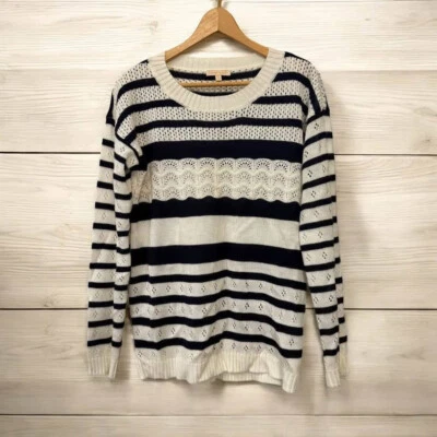 Suéter de ganchillo abierto a rayas azul marfil y azul marino Pretty Skies para mujer talla L Foto 1 de 4