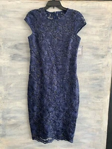 NWOT! MARINA Short Sleeve Scalloped Hem Metallic Lace Sheath Dress, 10 - Navy - Picture 1 of 11