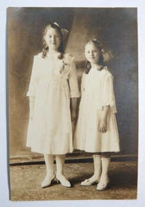 Vintage Studio Phototograph Two Girls Sisters Painted Backdrop - Picture 1 of 2