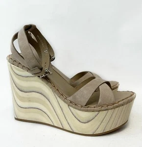 MIU MIU Taupe Grey Wood Wedge Sandals 37.5 Platforms 7.5 Cross-Over - Picture 1 of 9