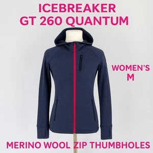 Icebreaker GT 260 Quantum Hoodie Damen M Merinowolle Reißverschluss blau Daumenlöcher - Bild 1 von 11