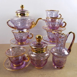 Venezianisches Murano Glas Teeservice Alexandrit Lila & Gold Blumen sehr guter Zustand Italien - Bild 1 von 7