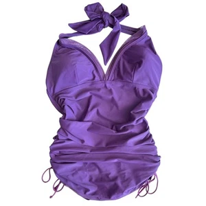 Always For Me schicker Badeanzug Damen 16W lila gerafft Neckholder Einteiler Übergröße - Bild 1 von 11