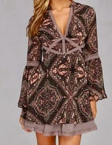 Free People Moonlight Bay Bell Sleeve Empire Waist Paisley Mini Dress Sz 6 Boho - Picture 1 of 20