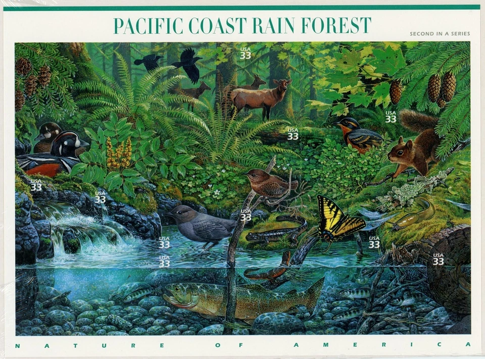 US Stamp #3378 Pacific Coast Rain Forest 33c - Pane of 10 - CV $10.00 - Image 1 of 1