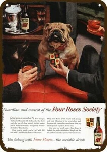 1958 ENGLISCHE BULLDOGGE & VIER ROSEN Whisky Vnt-Look DEKORATIVE REPLIK METALLSCHILD - Bild 1 von 1