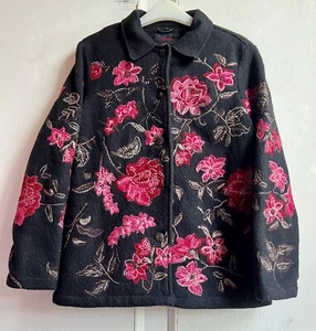 DASH Jacket 10 Black & Pink Floral Wool Embroidered Beaded Vintage Long Sleeve - Picture 1 of 12