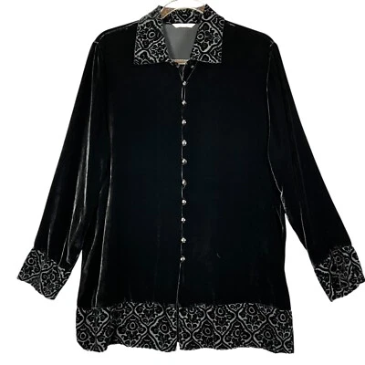 St Michael Marks & Spencer Blk Velvet Tunic L/S Button Top Burnout Collar & Cuff - Image 1 of 4