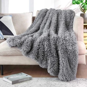 Grey Throw Blanket 50" x 60" Thick Fuzzy Faux Fur Blanket - Picture 1 of 9