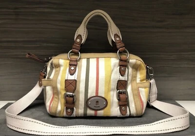 Fossil Purse Women's Multi Color Striped Canvas Leather Maddox Satchel Y2K Bag - Image 1 of 4