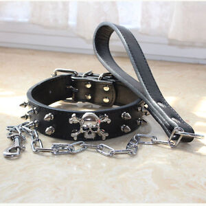 Rivets Spiked Studded Skull Leather Pet Dog Collar + Dog Lead leash set size M L