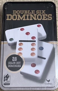 Double Six NEW in Box 28 Color Dot Dominoes In Tin - Picture 1 of 2