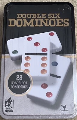 Double Six NEW in Box 28 Color Dot Dominoes In Tin - Image 1 of 2