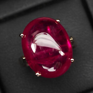 Striking Vivid Pink Ruby Cabochon Oval 25.40Ct 925 Sterling Silver Handmade Ring