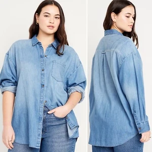 NWT Old Navy Oversized Button-down Boyfriend Shirt 3X 24 26 Medium Wash Chambray - Picture 1 of 11