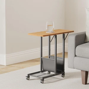 Side Table C-Shape Folding Table with Wheels Laptop Tray Table for Sofa Black - Picture 1 of 8