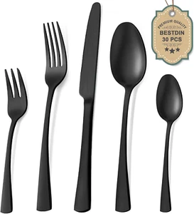 Bestdin Besteck Set 6 Personen, 30 Teilig Edelstahl Besteckset Schwarz Matt, Ess - Bild 1 von 12