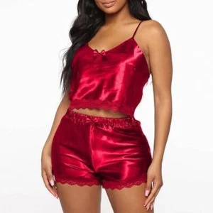 2PCS Womens Lace Satin Silk Pajamas Sets Cami Vest Shorts Nightwear Sleepwear US - Picture 1 of 10