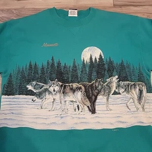 VGT 90s Signal Sports Sweatshirt Adult XL Green Wolfs Nature Scene Double-Sided - Picture 1 of 10