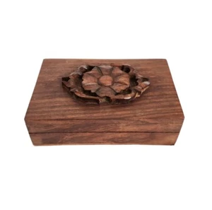 Vtg Solid Wood Trinket Jewelry Box Hand Carved Flower Hinged Lid Red Lined India - Picture 1 of 10