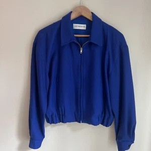 VINTAGE Blue LIZ CLAIBORNE Bomber JACKET Womens 1980s RETRO 100% Wool - Picture 1 of 10