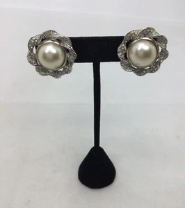 Vintage Swarovski Faux Pearl & Crystal Clip on Earrings - Picture 1 of 5