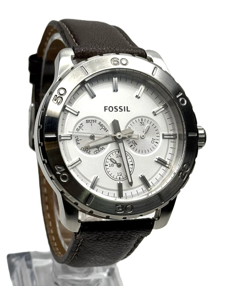 FOSSIL BQ1623 S. STEEL MULTIFUNCTION SATIN WHITE DIAL LUME HANDS 10ATM MEN WATCH - image 1 of 4